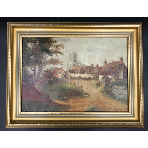 1317 - An oil on canvas in gilt frame of Godshill I.W. signed and dated lower left R Moore?. Image size 24 ... 