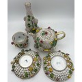 Meissen Schneeballen porcelain to include teapot, tea cup, two saucers and vase. Vase 19cm h.