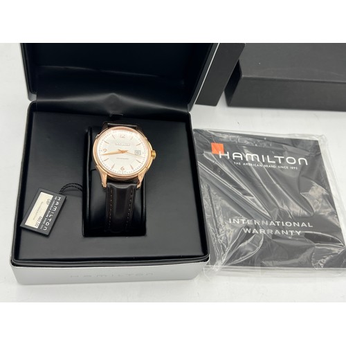 497 - A boxed gentleman's Hamilton Viewmatic silver faced watch with leather strap. Purchase date 2010. Ca... 