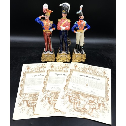 196 - Three Capo-di-Monte Bruno Merli figures of soldiers in historical costumes, modelled as standing wit... 