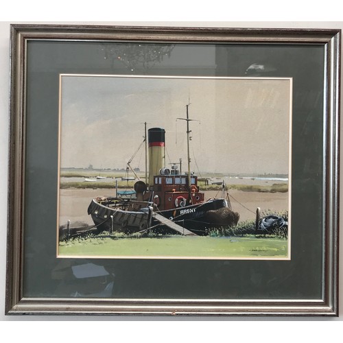 1323 - Derek Williams (1932-2009): A harbour scene with a boat titled Brent signed lower right, pastel on p... 