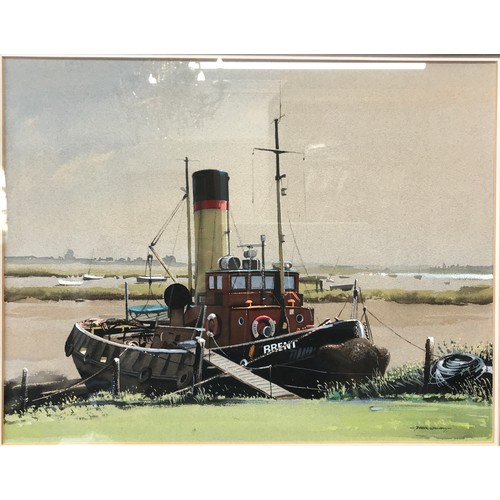 1323 - Derek Williams (1932-2009): A harbour scene with a boat titled Brent signed lower right, pastel on p... 