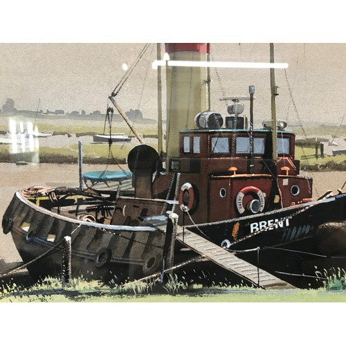 1323 - Derek Williams (1932-2009): A harbour scene with a boat titled Brent signed lower right, pastel on p... 