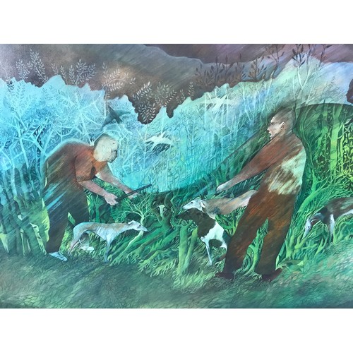 1325 - John Farrington (b.1933): A large oil on canvas titled 'Men with dogs' signed and dated lower right ... 