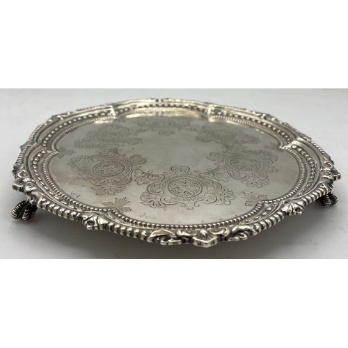 787 - Silver salver Sheffield 1897, maker Martin Hall and co. Weight 350gm, 20cm d.