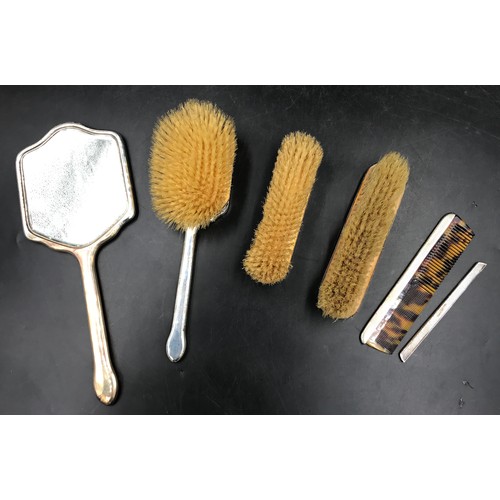 793 - Matching Birmingham 1930s W G Sothers Ltd silver backed dressing table mirror and brush set with vac... 