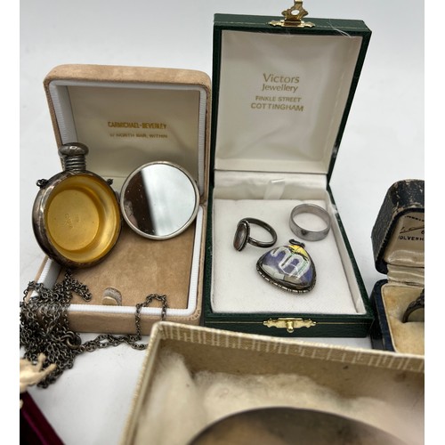 399 - Jewellery to include hallmarked silver scent bottle/compact Chester 1912, maker Samuel M Levi. Sterl... 