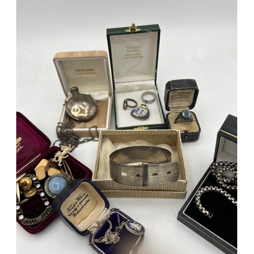 399 - Jewellery to include hallmarked silver scent bottle/compact Chester 1912, maker Samuel M Levi. Sterl... 