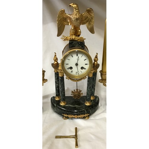 1013 - An early 20thC Samuel Marti Paris French green marble and ormolu 8-day clock garniture with eagle to... 