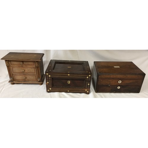 725 - Three wooden items to include a miniature set of 3 pine drawers with 2 bun feet along with two mahog... 