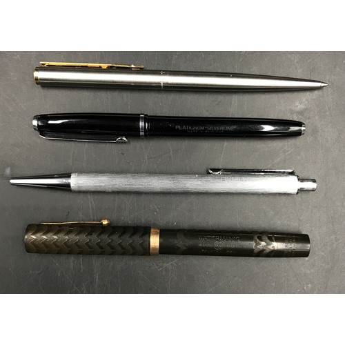 721 - Watermans Regus fountain pen with 9ct gold collar on lid, marked 375, and a platinum ball point pen ... 