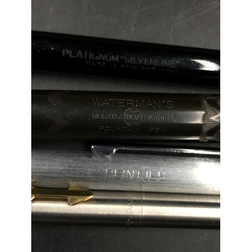 721 - Watermans Regus fountain pen with 9ct gold collar on lid, marked 375, and a platinum ball point pen ... 