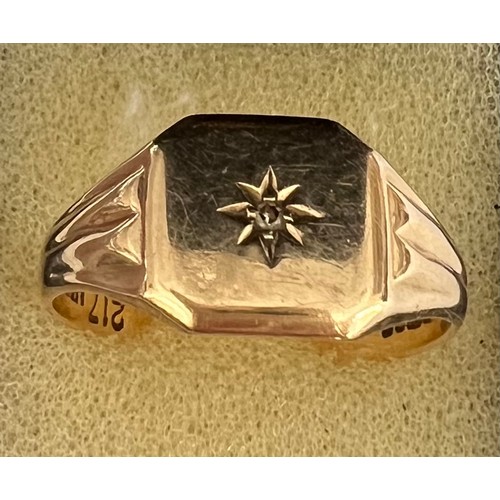 405 - A 9 carat gold signet ring set with single diamond. Size V, weight 4gm.