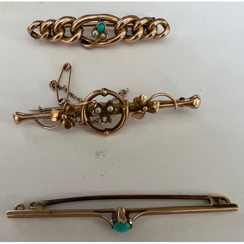 413 - Three various Edwardian bar brooches, two marked 9 carat gold, one set with seed pearls, the other s... 