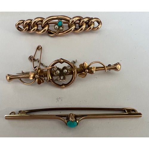 413 - Three various Edwardian bar brooches, two marked 9 carat gold, one set with seed pearls, the other s... 