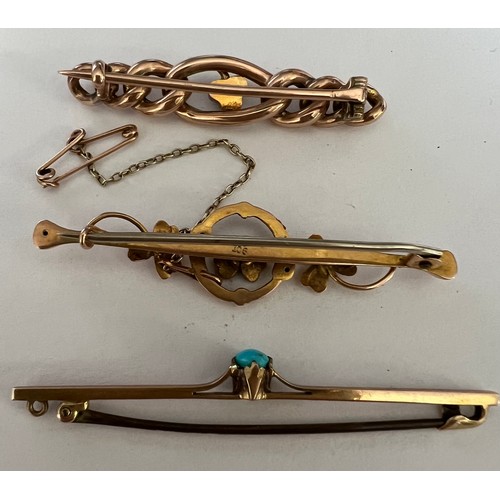 413 - Three various Edwardian bar brooches, two marked 9 carat gold, one set with seed pearls, the other s... 