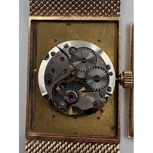 499 - A 9ct gold Bueche Girod bracelet watch, rectangular shape, champagne dial. Case: 21mm. 18.5cm l. 50.... 