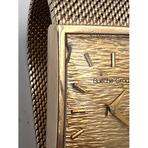 499 - A 9ct gold Bueche Girod bracelet watch, rectangular shape, champagne dial. Case: 21mm. 18.5cm l. 50.... 