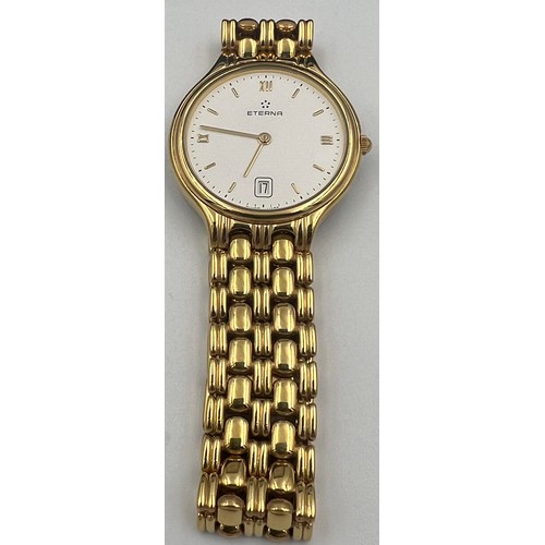 503 - A boxed gentleman's Eterna wristwatch with white dial and gold coloured strap.

Untested, may requir... 