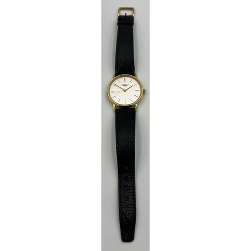 513 - A boxed Longines manual wristwatch with gold plated and stainless steel case, silver face and leathe... 