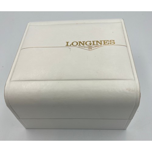 513 - A boxed Longines manual wristwatch with gold plated and stainless steel case, silver face and leathe... 