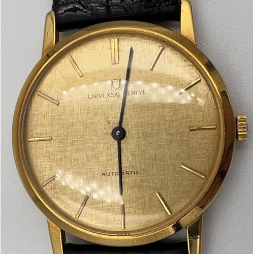 519 - An automatic 9ct gold cased Universal Geneve wristwatch with gold coloured face.

Winds and goes. Ve... 