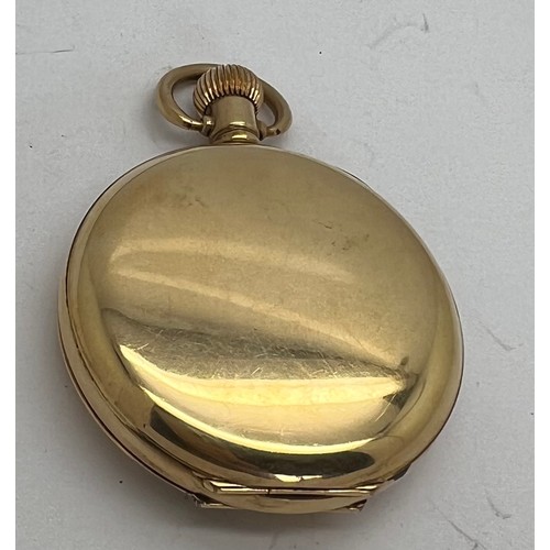 486 - A nine carat gold Waltham hunter pocket watch with white enamel dial and subsidiary second dial. Wei... 