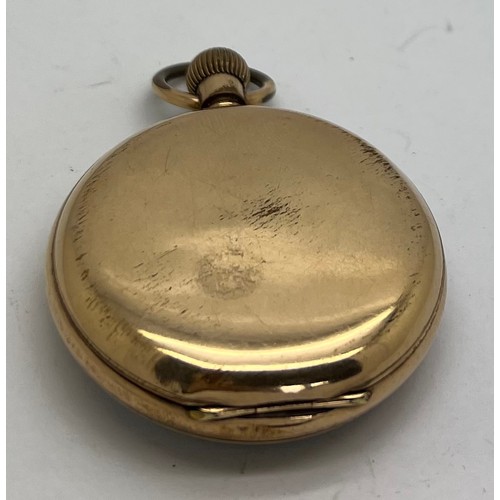 487 - A Waltham gold plated pocket watch with white enamel dial and subsidiary seconds dial.