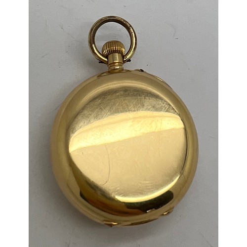 489 - A ladies pocket watch, outer case 18 carat gold, inner case cuivre. Weight 34gm. Case diam: 34mm. Ma... 