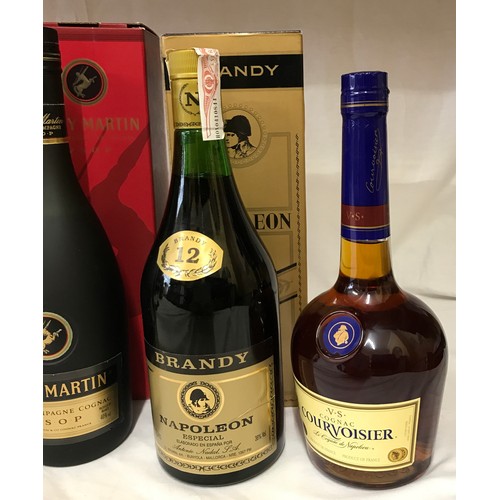 710 - Two 70cl bottles of Remy Martin VSOP cognac, one 70cl V.S. Cognac Courvoisier and one 1 litre Napole... 