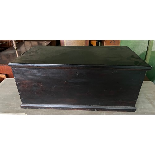 726 - A stained wooden box with metal handles and interior candle box 83w x 42d x 36xm h.