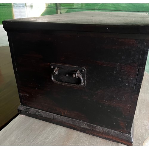 726 - A stained wooden box with metal handles and interior candle box 83w x 42d x 36xm h.