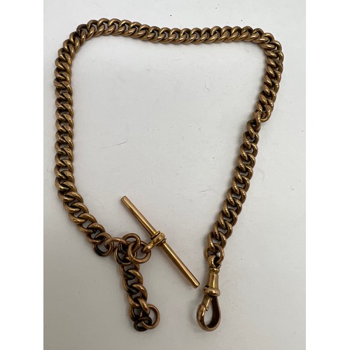 425 - A 9 carat gold watch chain with T bar and clip, weight 15.2 gm. 29cm l. Each link, T bar and clip ma... 