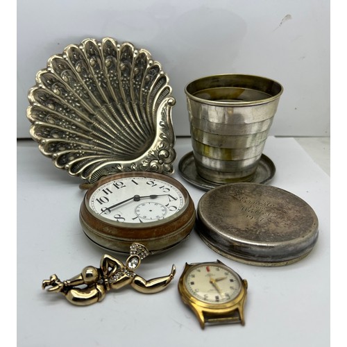 769 - A miscellany to include Goliath pocket watch, travel cup, shell shaped dish, wristwatch etc.