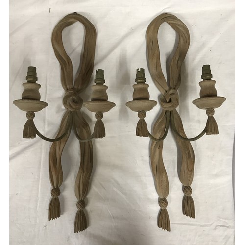 738 - Pair of carved ornate wooden wall sconces in a ribbon design with tassels (see image) 54cm h x 21cm ... 