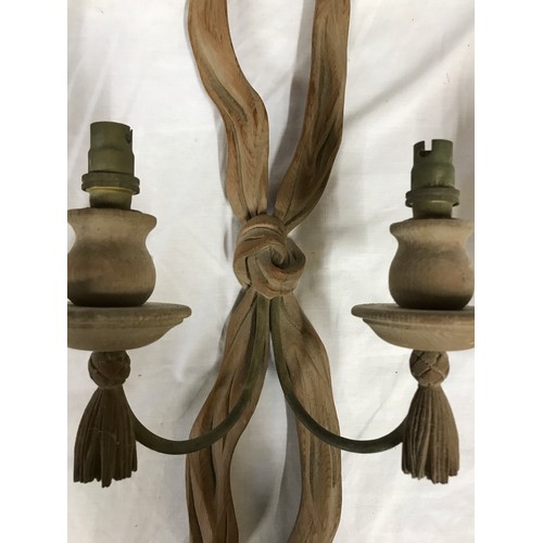 738 - Pair of carved ornate wooden wall sconces in a ribbon design with tassels (see image) 54cm h x 21cm ... 