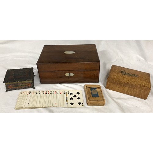 728 - A selection of boxes to include a Rosewood box with mother of pearl inlay to escutcheon and top 10.5... 