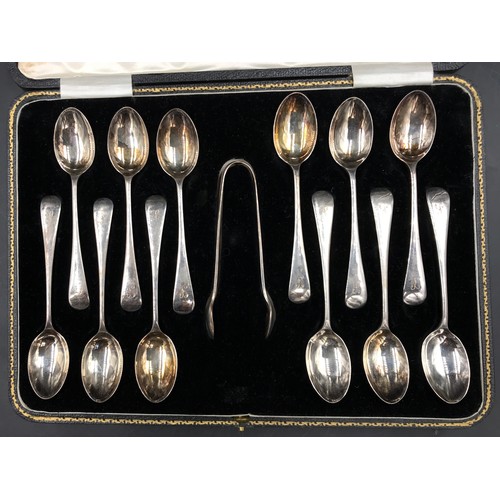 800 - A boxed set of 12 initialled silver teaspoons and sugar tongs Sheffield 1930 by Francis Howard Ltd t... 