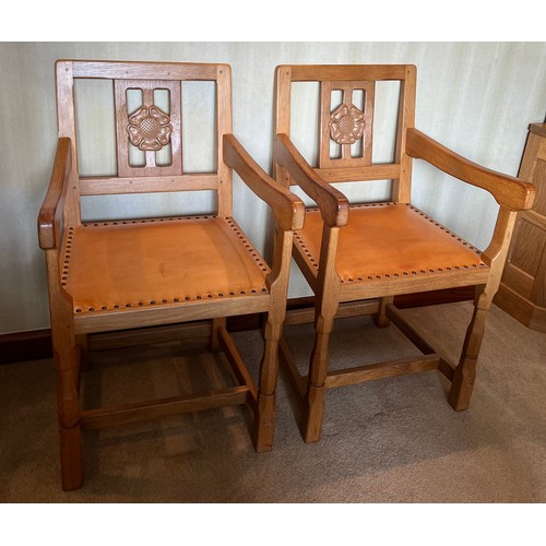 175B - Two Knightman elbow chairs with leather seats and Yorkshire rose to back. 50cm w x 86cm h.