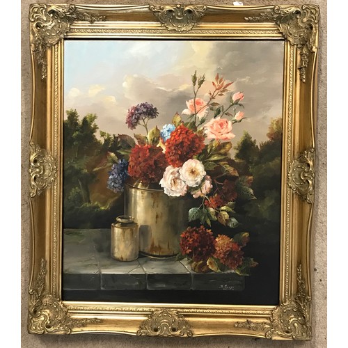 1329 - Oil on canvas by Theo Zwaga, still life of flowers in a pot, measuring 60cm x 50cm. Signed T H Zwaga... 