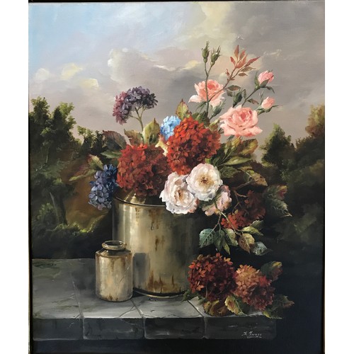 1329 - Oil on canvas by Theo Zwaga, still life of flowers in a pot, measuring 60cm x 50cm. Signed T H Zwaga... 