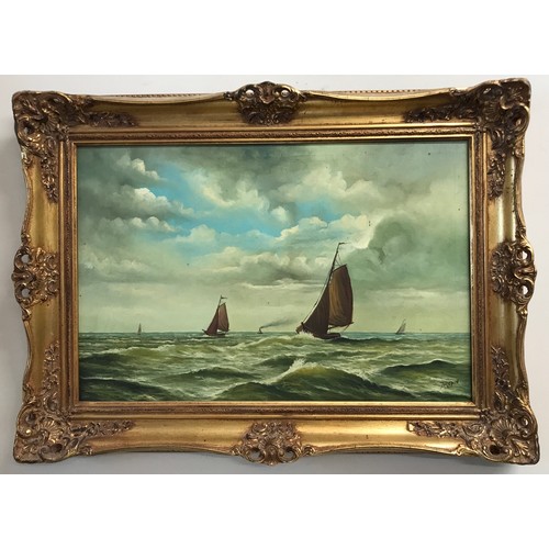 1330 - Maritime oil on canvas of two sailing yachts signed lower right 39cm x 58cm.