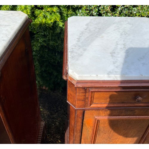 31 - Two mahogany marble topped pot cupboards. Some missing pieces. 84cm h x 40 x 40 and 82.5cm h x 38 x ... 