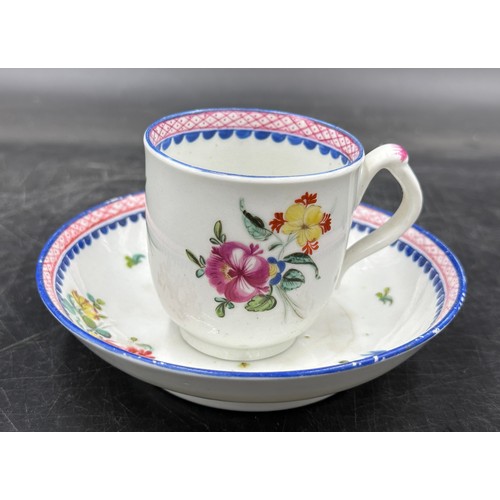 222 - Ceramics to include 18thC hand painted saucer and 3 painted coffee cans together with a part 19thC t... 