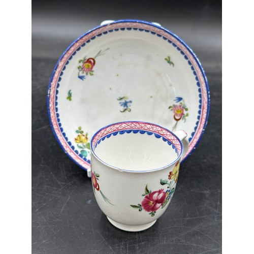 222 - Ceramics to include 18thC hand painted saucer and 3 painted coffee cans together with a part 19thC t... 