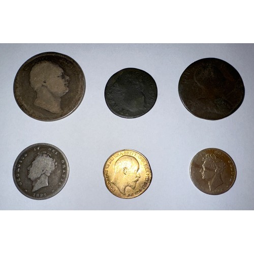 656 - Various coins to include 1902 Farthing, 1828 George VI sovereign replica, George II Farthing, 1749, ... 