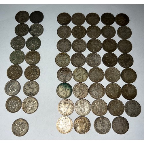 657 - A quantity of threepence pieces, mostly pre 1920's including an 1899. 76gm total.