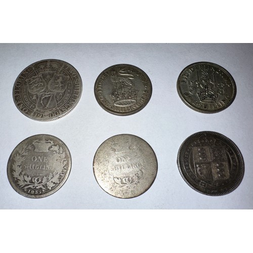 658 - Coins to include 1887 silver Sixpense, 1835 One Shilling and three others, and a 1900 Two Shillings.