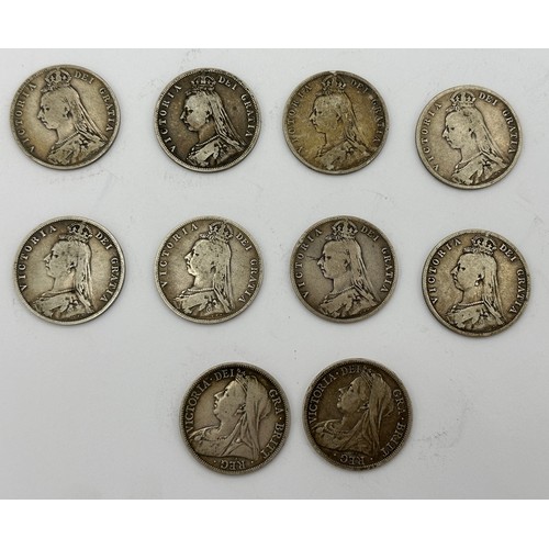 662 - Ten Half Crowns, dates to include 1889, 1887, 1889, 1890, 1888, 1890, 1889, 1887, 1898 and 1899.