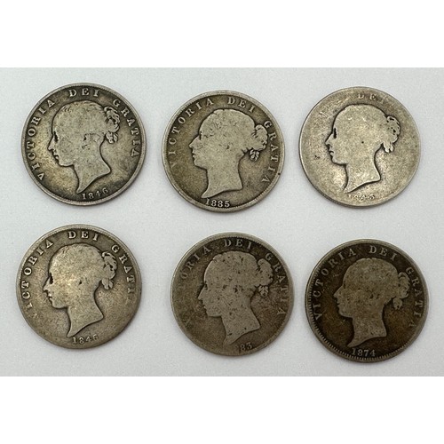 663 - Six Half Crowns, dates to include 1846, 1885, 1846, 1883, 1874 and 1843.